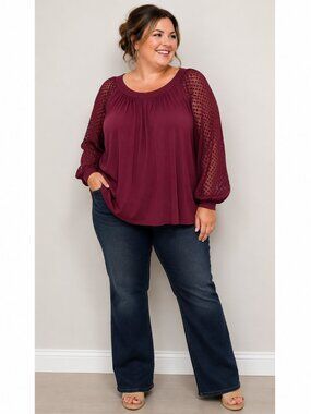 NWT Zac & Rachel Woman 3X Burgundy Swiss Dot Sheer Sleeve Blouse Plus Size